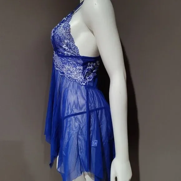 Lace Chemise Babydoll V Neck with Thong Lingerie Set - Picture 4 of 9